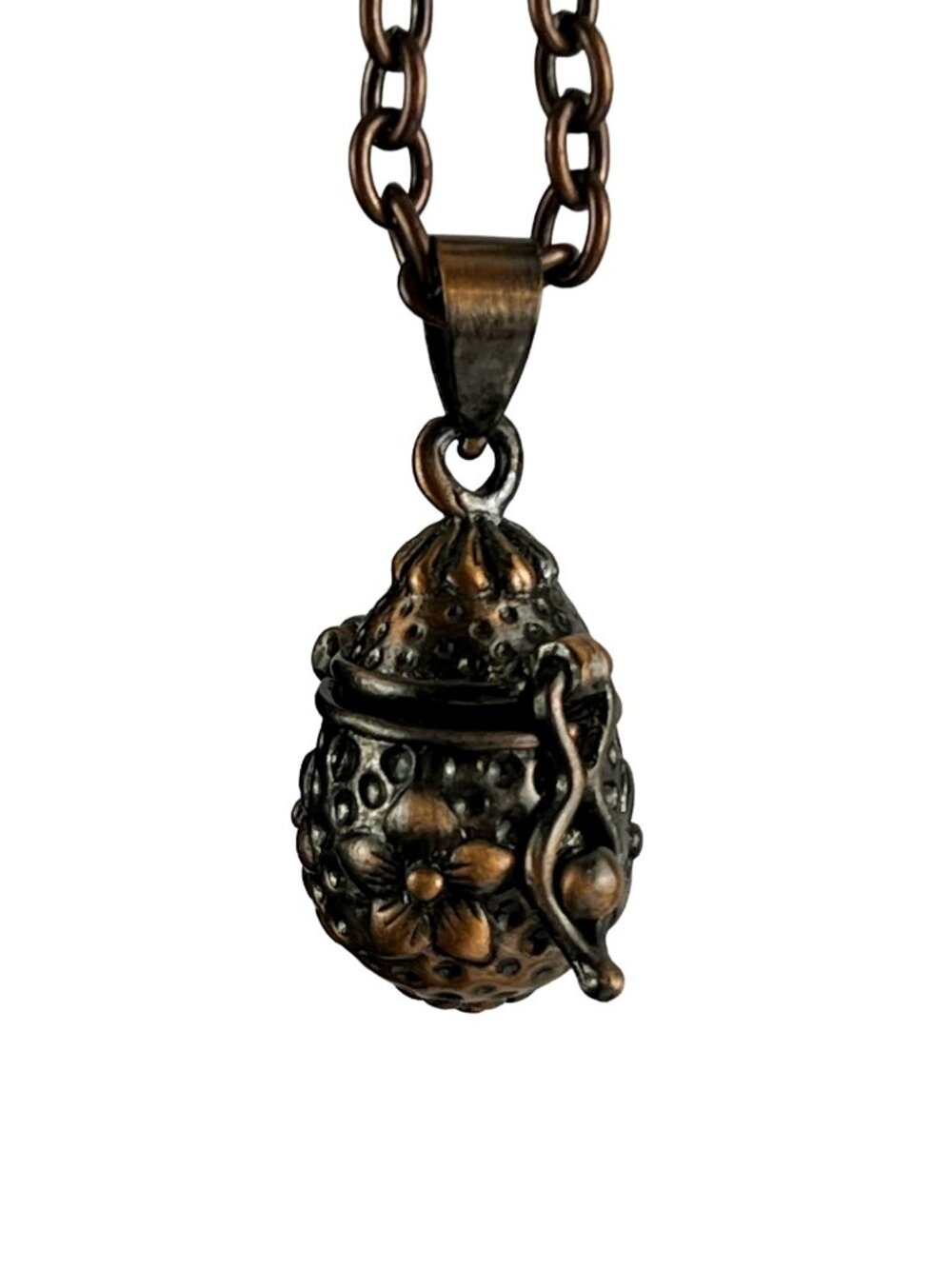 Tiny Secret Locket Pendant Embossed Floral Pattern — Antiqued Copper